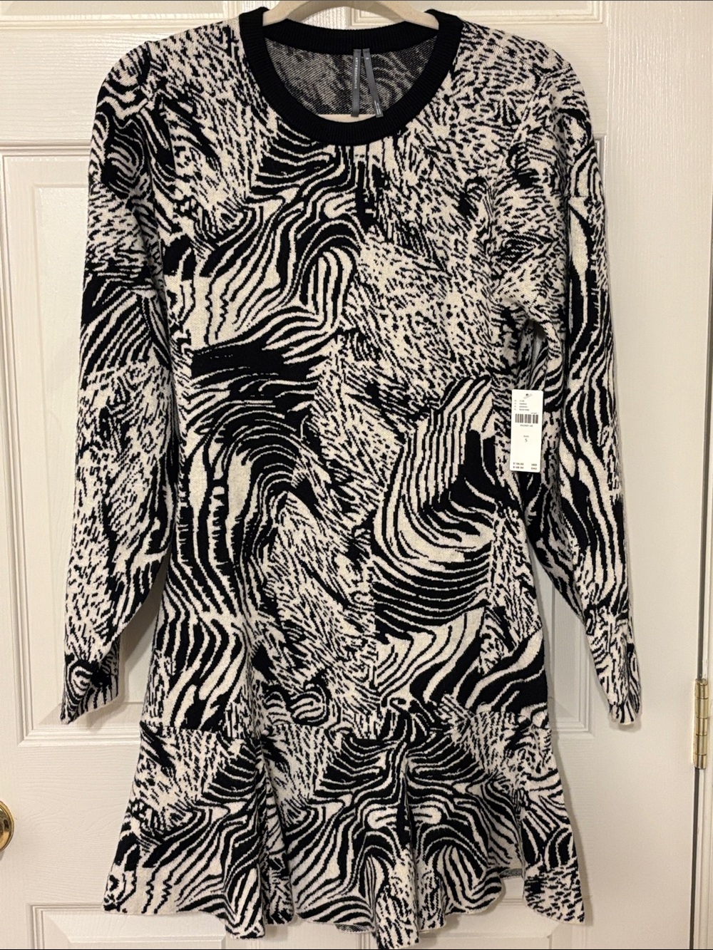 Anthropologie Black and Cream Abstract Zebra-Print Long Sleeve Knit Dress